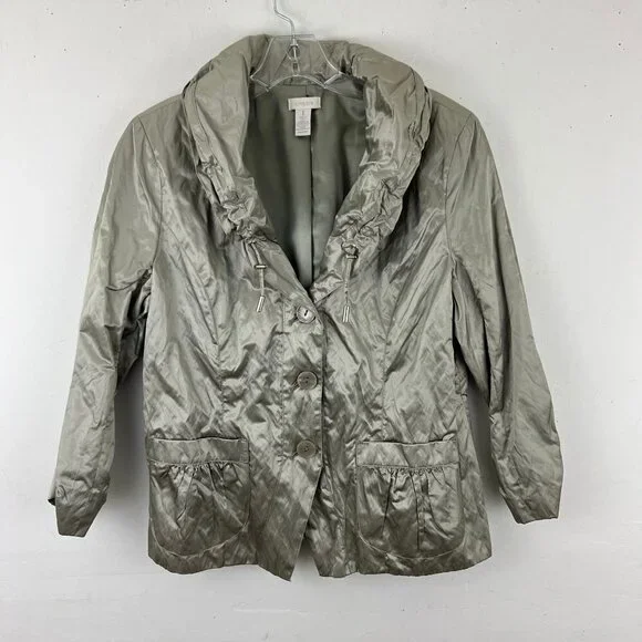 Chicos Size 1 M Metallic Crinkle Jacket Silver - Drawstring Collar Pockets - Picture 5 of 8